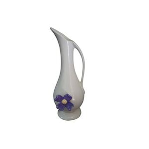 Vintage PF White Ceramic Ewer Bud Vase Purple Applied Flower 8 Inch Pitcher